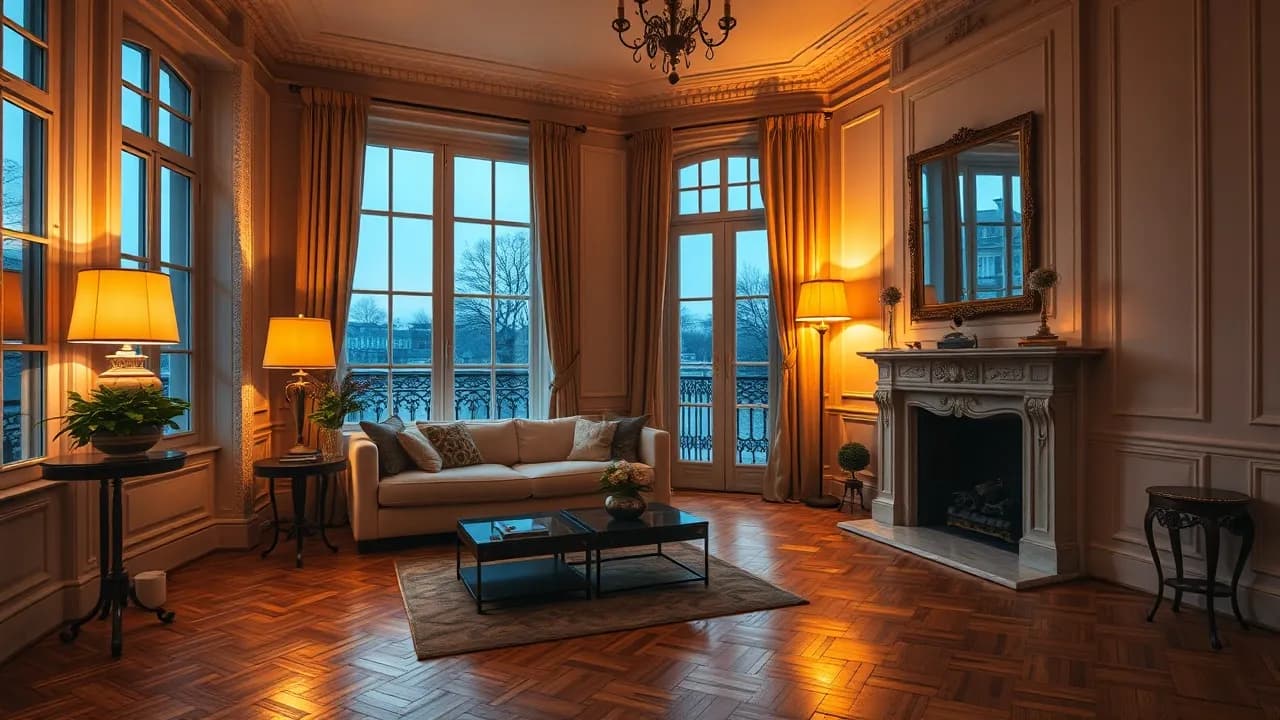 Salon d'un appartement haussmannien parisien à la tombée du soir