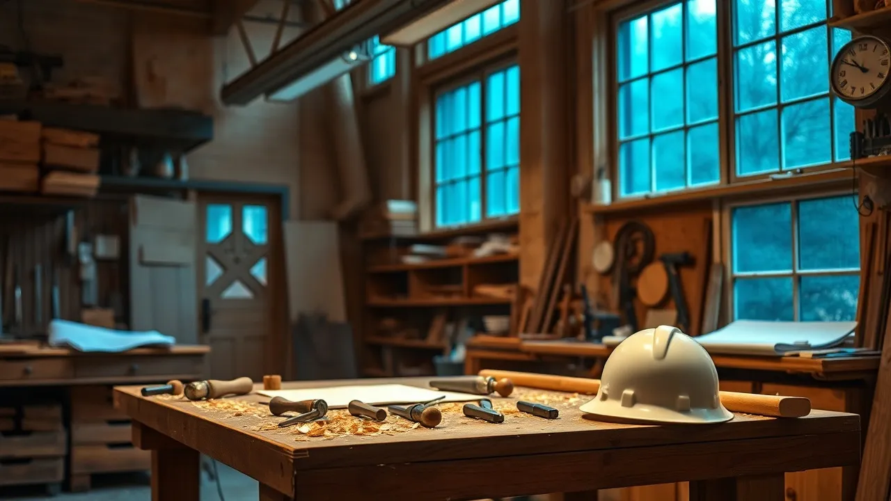 Atelier d'artisan avec établi, outils et casque de chantier